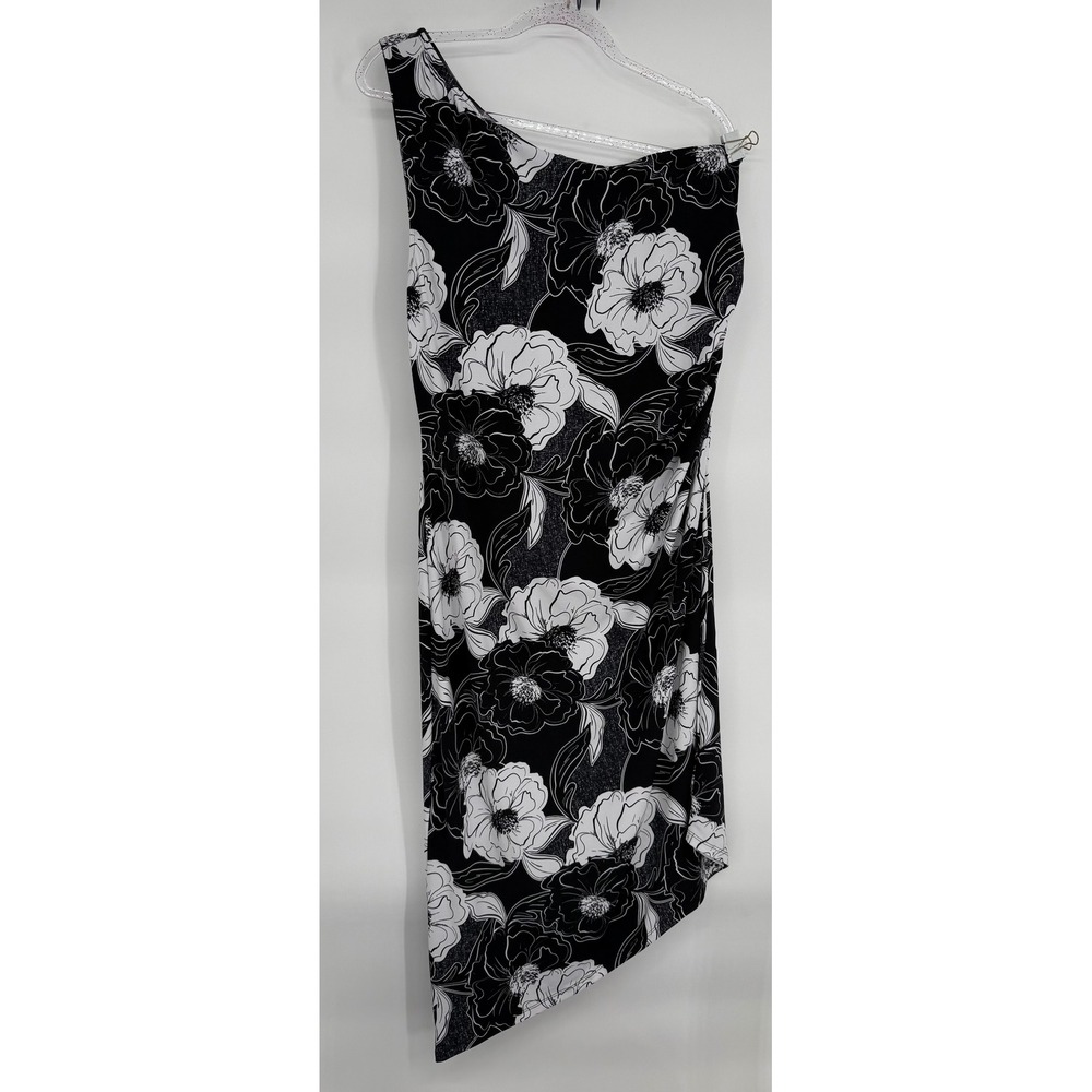 Venus Women Black White Floral One Shoulder Ruched Asymmetrical Dress Sz XL
